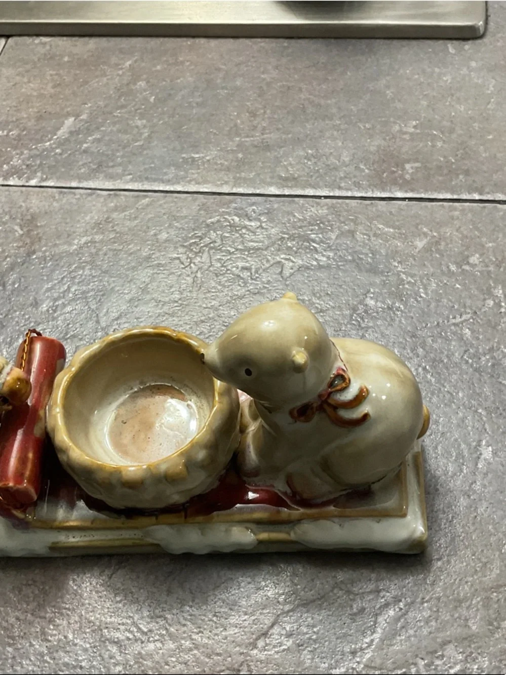 Ceramic Girl & Dog Candle Holder - Green, Red, Cream